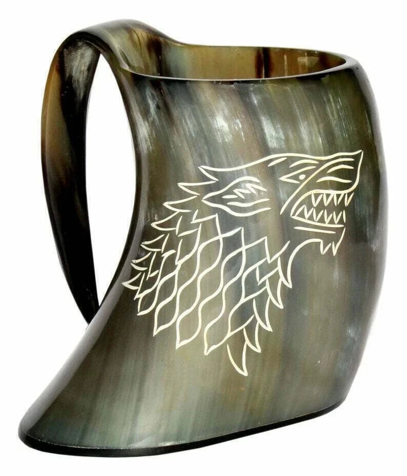Carved wolf Viking horn mugs for beer and ale – Norse-style drinkware set