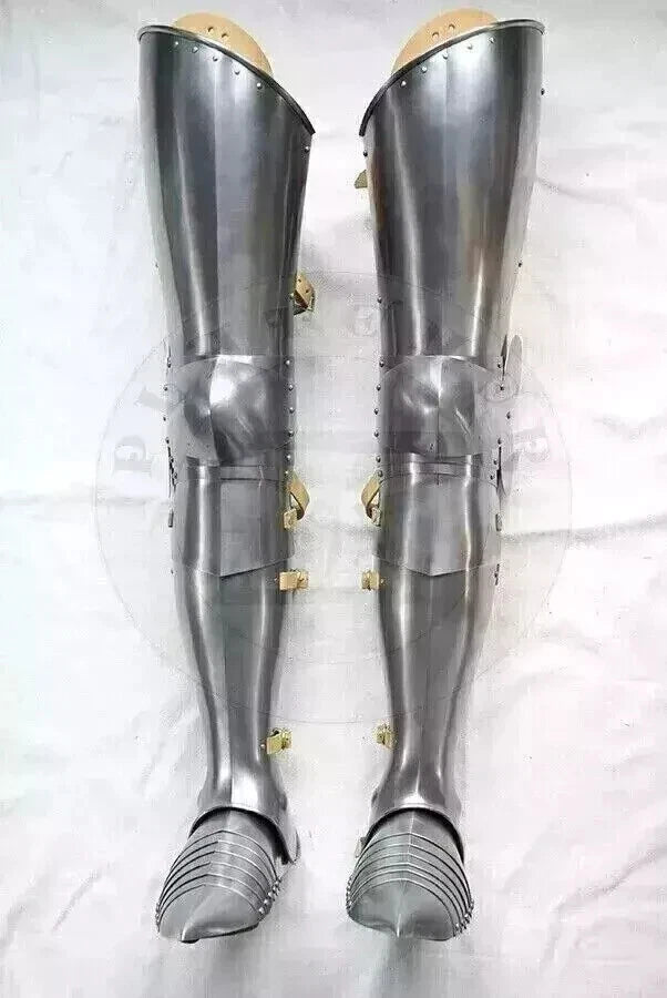 Back view of Centurion leg greaves showing adjustable leather strap fittings
