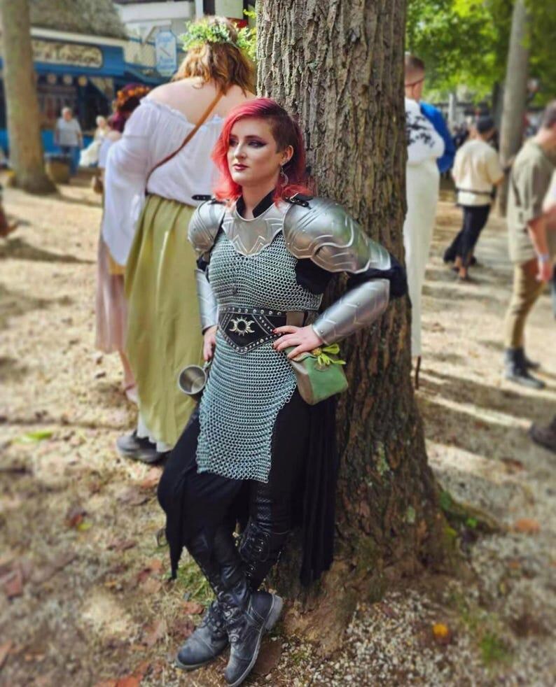 Detailed image of the chainmail skirt and forearm bracers from the Iron Rose armor set, offering texture and protection for LARP and cosplay.