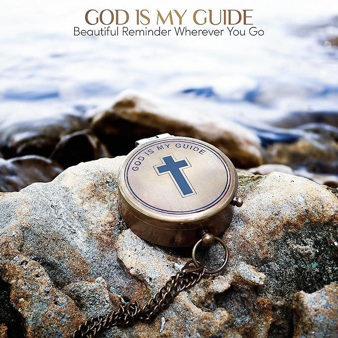 Complete gift set of brass compass with display stand and box, ideal for Christian occasions.