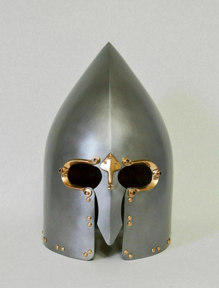 Lough Henney Viking helmet with brass antique finish used as a Christmas display decor piece