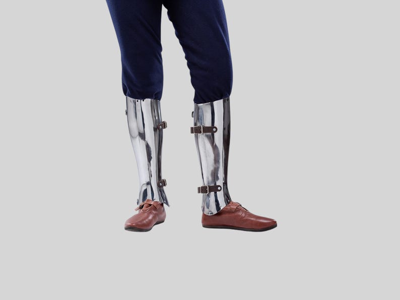 Closed hinged medieval leg armor greaves for costume and LARP