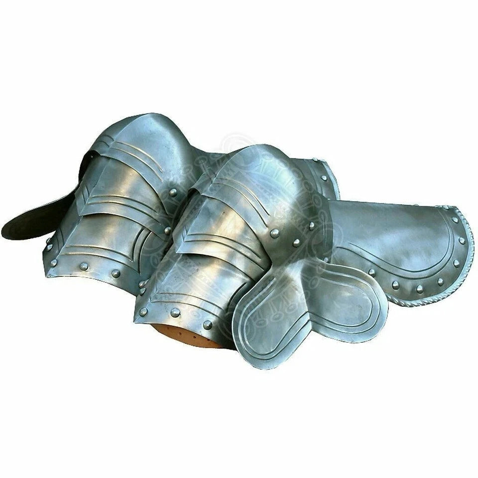 Collectible replica of crusader leg armor with adjustable leather straps
