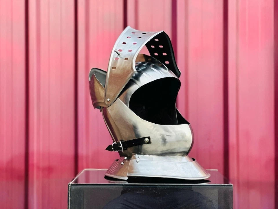 Collectible medieval closed helmet displayed as decorative steel armor