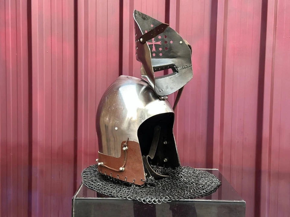 Collectible 18-gauge steel bascinet helmet with chainmail, ideal for display or reenactments