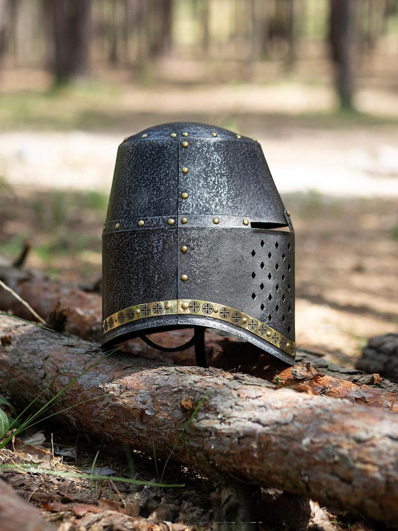 Collector-grade steel knight helmet with classic Templar design