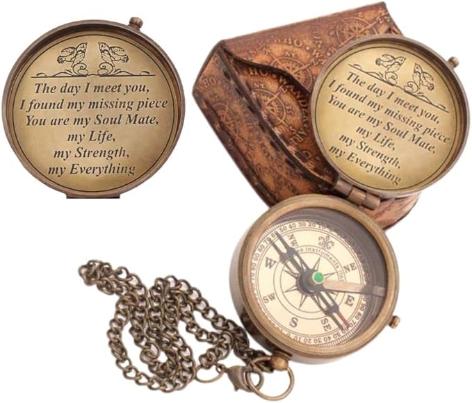 Brass compass with engraved love quote in leather case, front view
