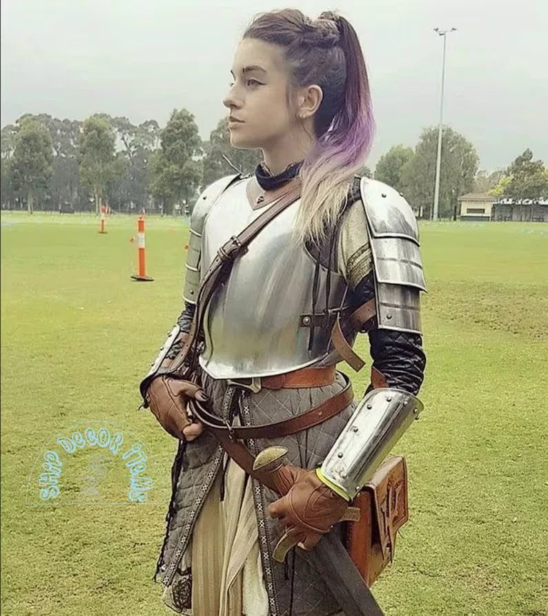 Complete lady armor suit for cosplay or reenactment, laid out with all components including pauldrons, breastplate, and leg armor.