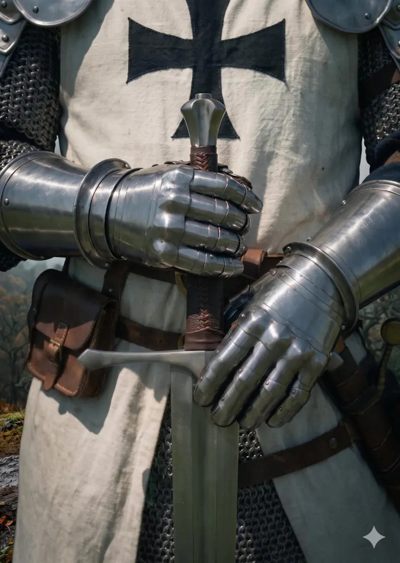 Complete medieval crusader knight armor set with chainmail great helmet steel armor tunic and cape for historical reenactment cosplay and collectors
