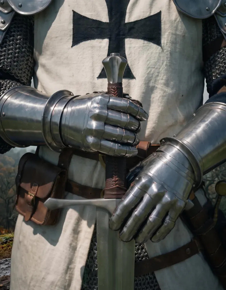Complete medieval crusader knight armor set with chainmail great helmet steel armor tunic and cape for historical reenactment cosplay and collectors