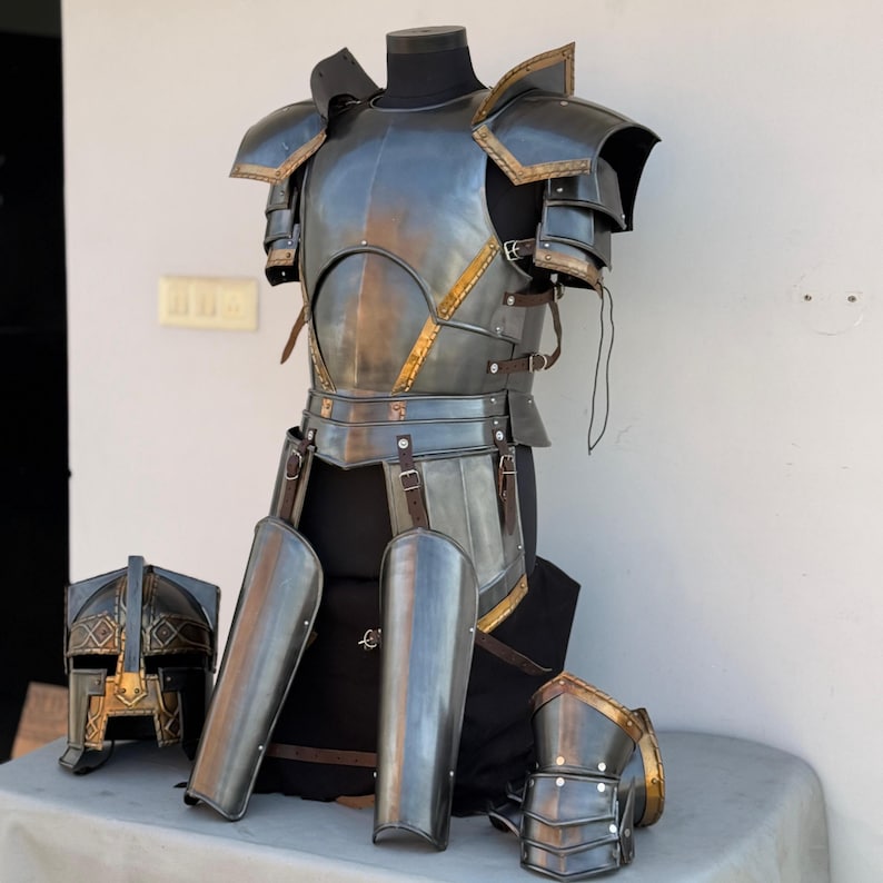 Handmade cosplay dwarf armor featuring helmet and bracers in steel finish