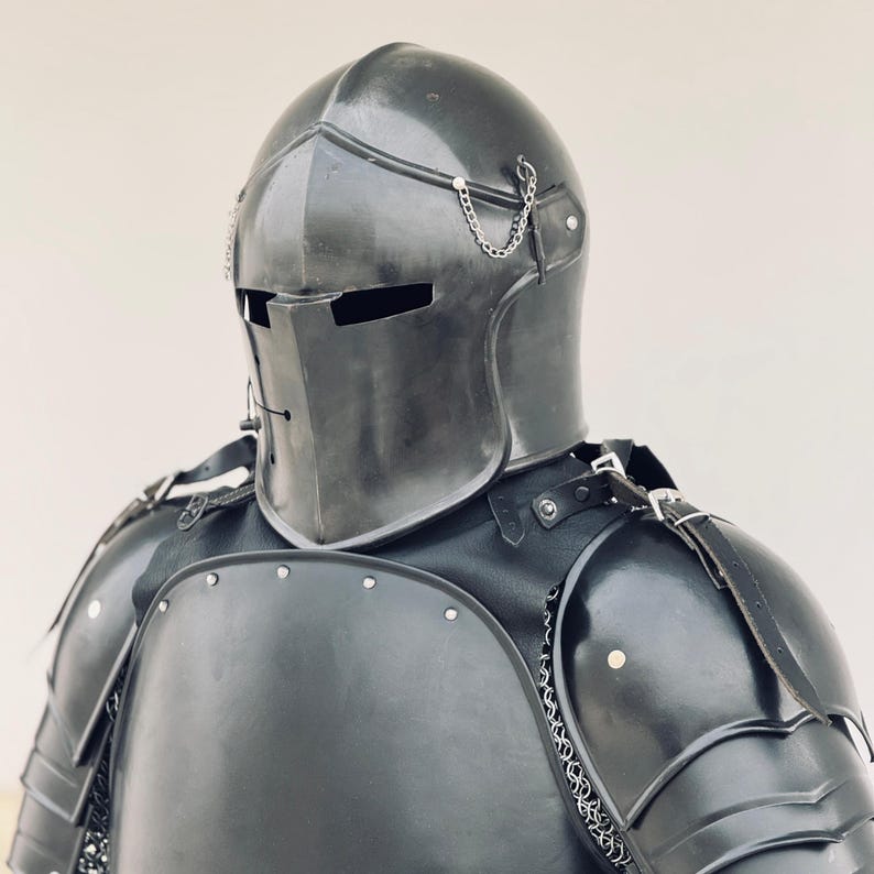 Detailed shot of steel plate textures and bracers from Templar armor suit used for cosplay or LARP