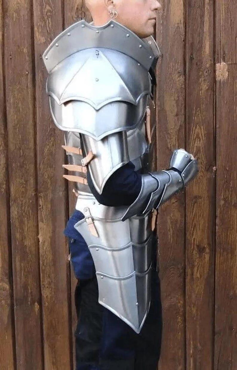 Wearable medieval armor suit for cosplay with gauntlets and shoulder armor