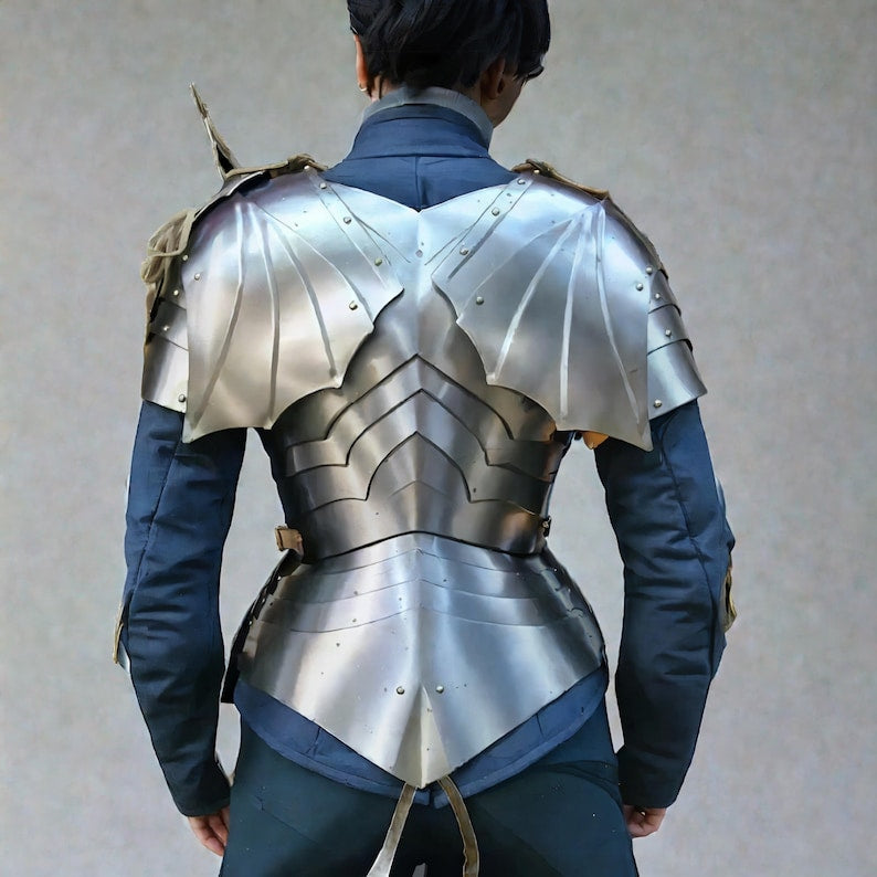 Cosplay prop female medieval armor with leg greaves and detailed craftsmanship