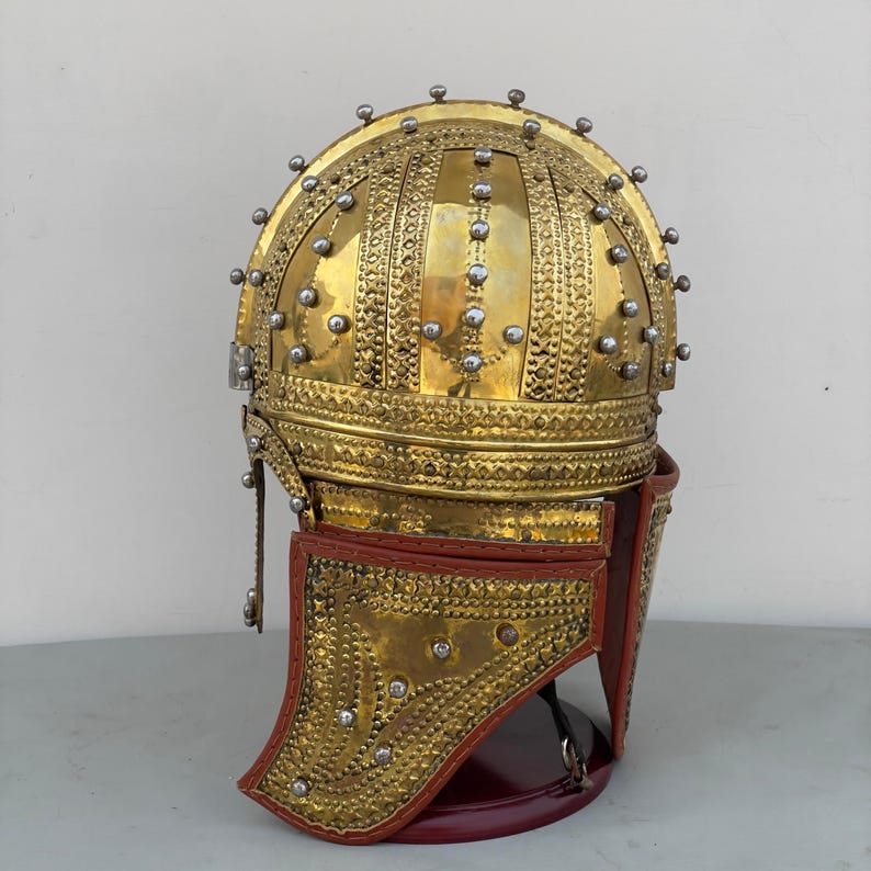 Display of cosplay Roman cavalry helmet inspired by Deurne design, ideal for costume events and collections.