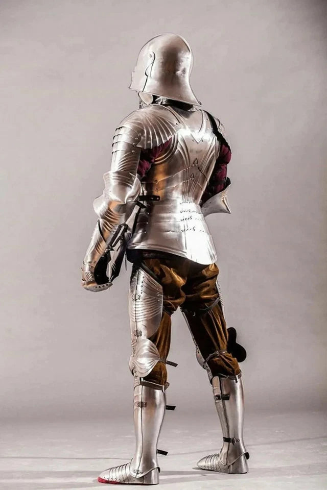 Detailed image of chest plate and pauldrons from the wearable steel knight armor set.