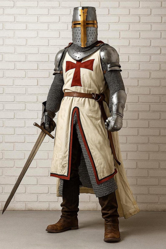 Crusader armor set featuring chainmail hauberk and brass-crossed Templar helmet