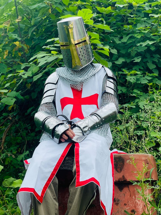 Crusader Costume with Helmet featuring brass cross and surcoat