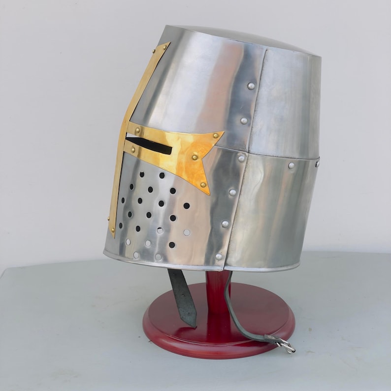 Side profile of Crusader great helmet ideal for LARP armor and display