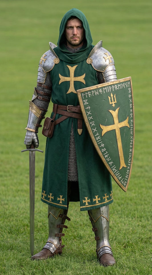 Crusader Knight Green Surcoat with Gold Cross elbow guards and gauntlets for full plate armor cosplay and Halloween events
