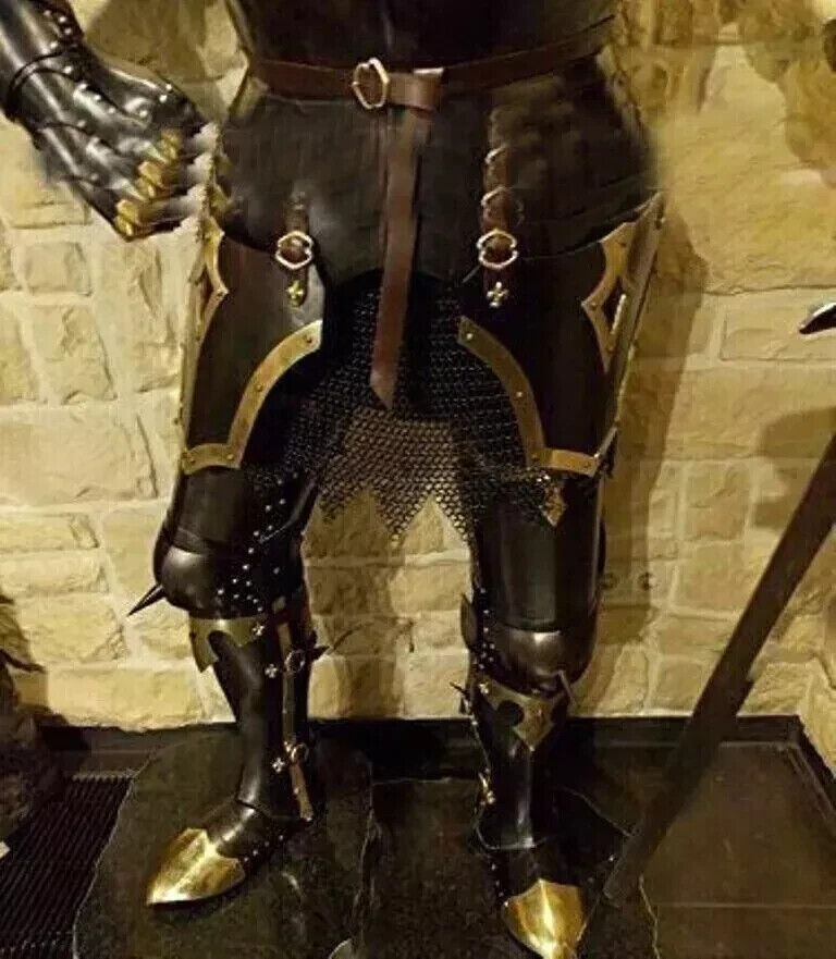 Close-up of Crusader horned helmet, chestplate, and leather straps showing fine handcrafted armor details and 20-gauge steel finish by Artisans Hub.