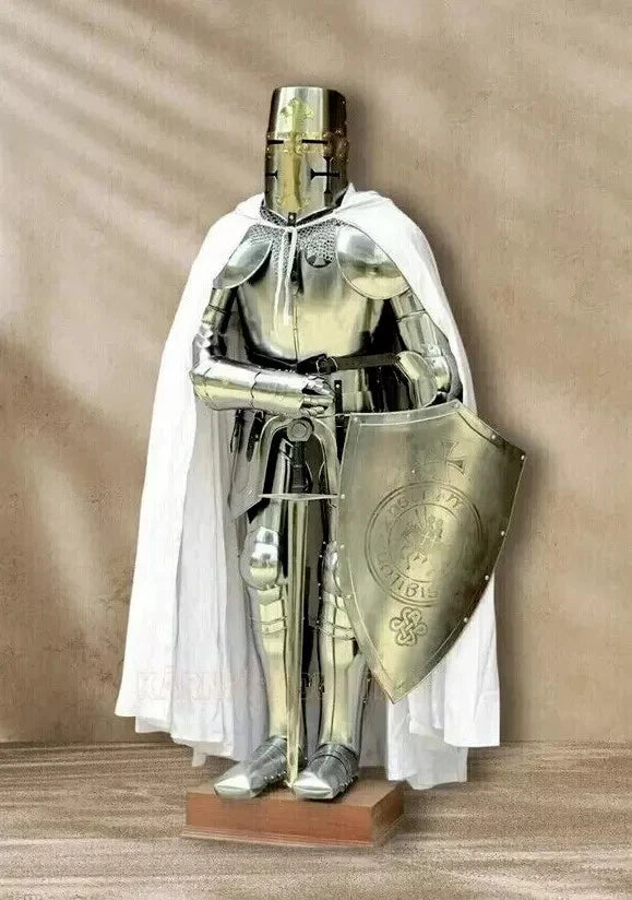 Side profile of medieval knight armor showing detailed pauldrons and chestplate craftsmanship.
