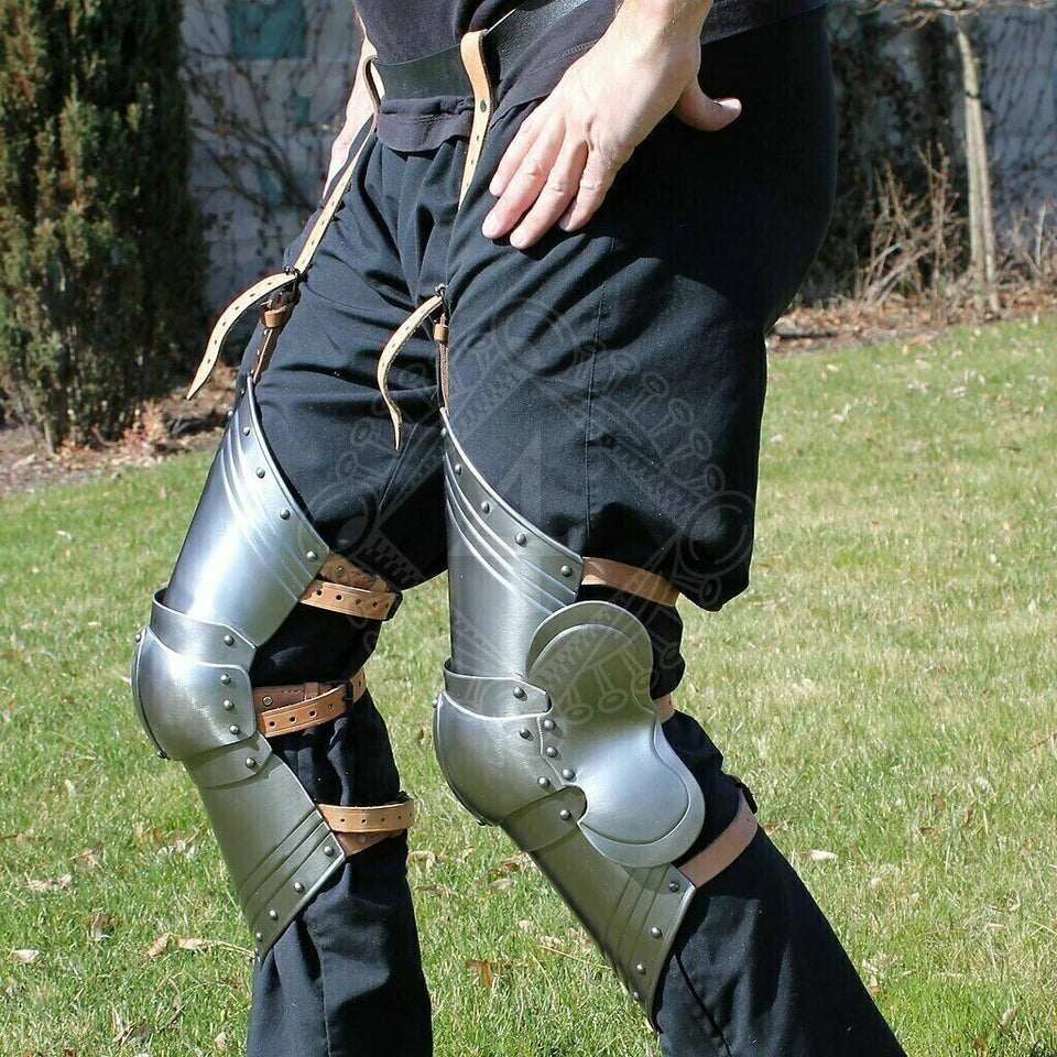 Crusader and Spartan-inspired full leg guard armor perfect for LARP and costumes
