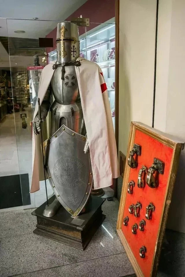 Medieval knight armor suit complete with sword, shield, and cape for LARP or cosplay