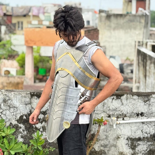 Front view of Cuirass of Aegis Prime medieval knight chest armor with golden detailing for LARP and cosplay events