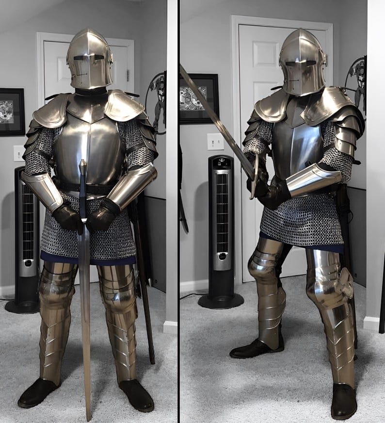 Knight armor upper body components including cuirass, pauldrons, and gorget for full torso and shoulder protection.