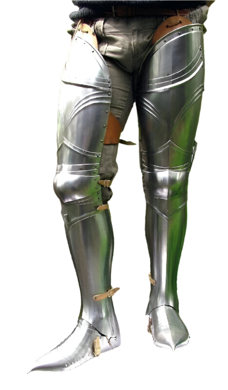 Custom-fit medieval leg armor designed for SCA events and Halloween costumes