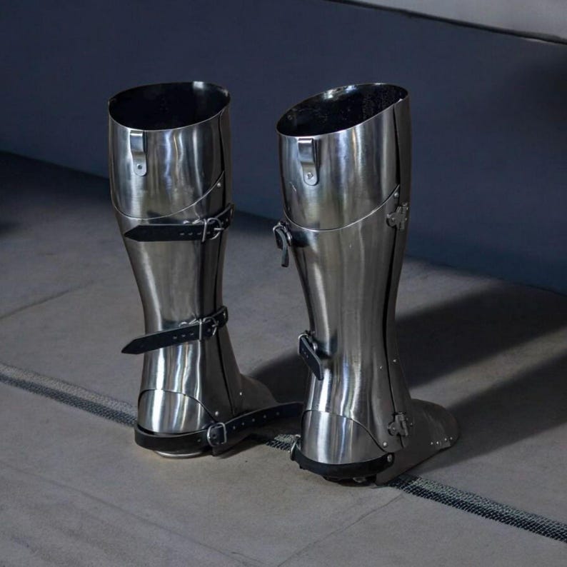Custom-sized medieval knight full leg armor ideal for LARP, cosplay, and Renaissance fairs