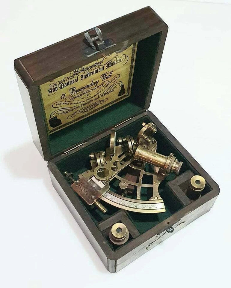 Decorative nautical sextant collectible with antique brass finish and wooden case