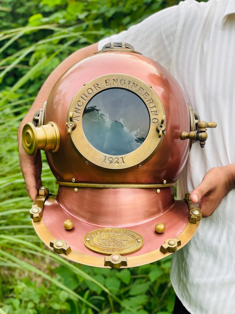 Deep Sea Scuba Diver Helmet displayed on wooden base for marine decor