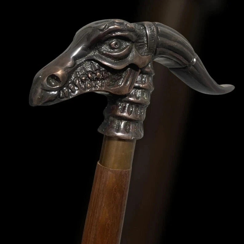 Designer wooden walking stick with navigational dragon handle and foldable design