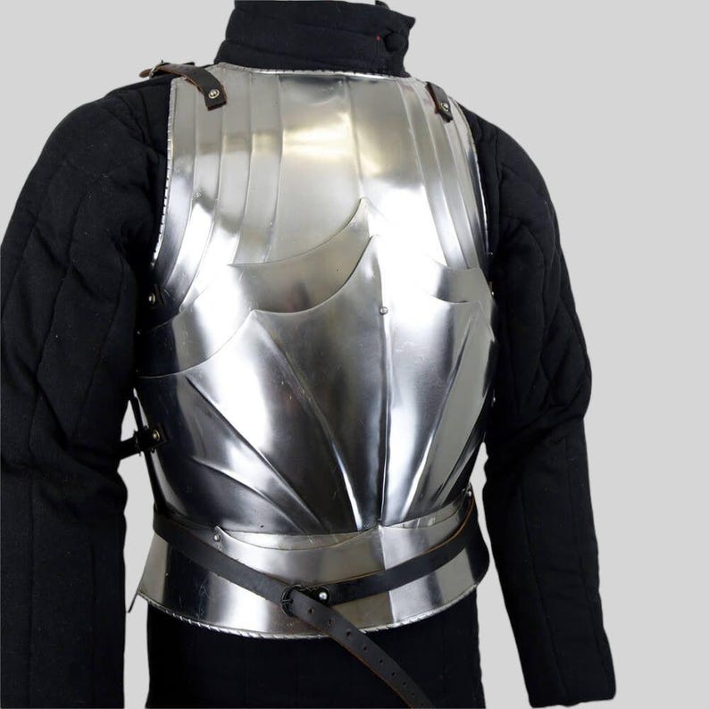 Front view of Medieval Knight Gothic Cuirass Armor with steel breastplate and tassets for LARP or cosplay.