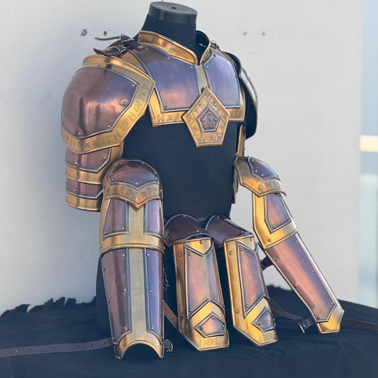 Close-up of Dwarven Knight Steel bracers from half body armor set for LARP cosplay