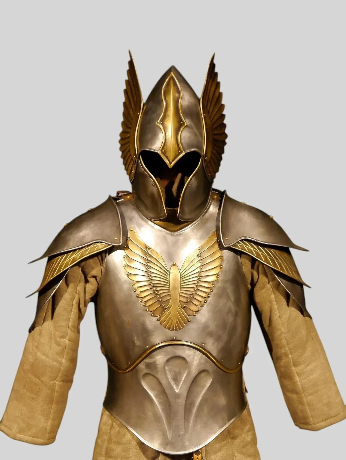 Front view of wearable Elven Knight armor with detailed cuirass and helmet, handcrafted from steel and ideal for cosplay or reenactment, by Artisans Hub.