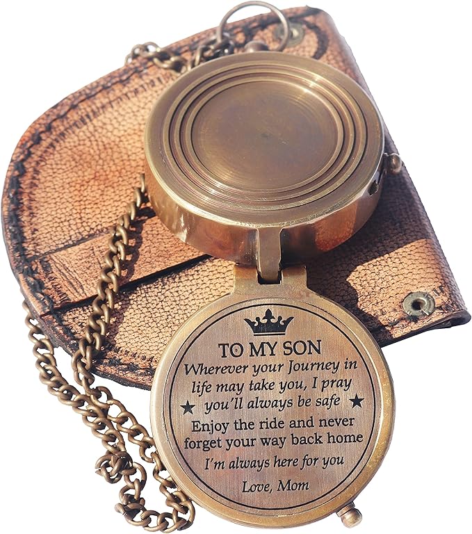 Front view of engraved brass pocket compass with “To My Son, Love Mom” message.