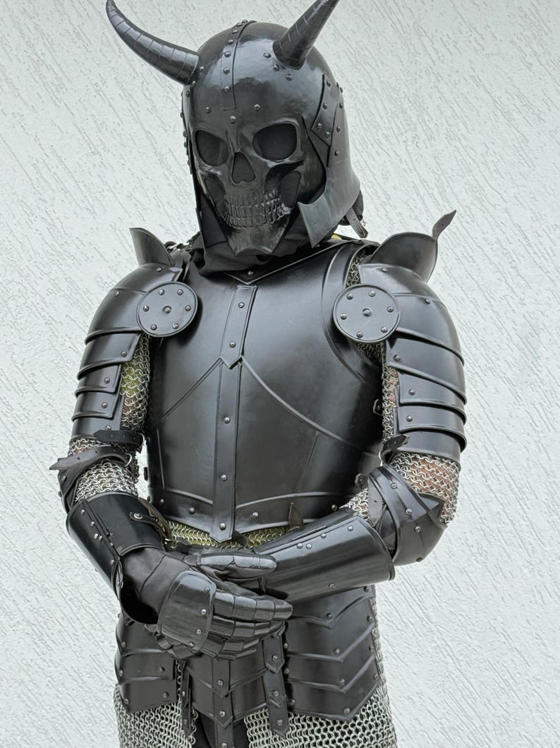 Fantasy cosplay armor set featuring detailed chainmail and matte black finish