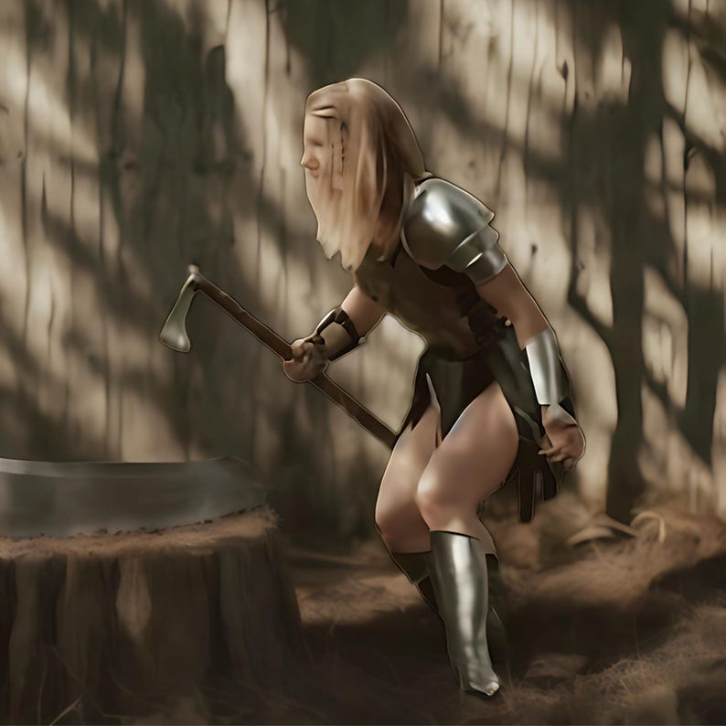 Fantasy lady suit of armor side profile showcasing bracers and greaves