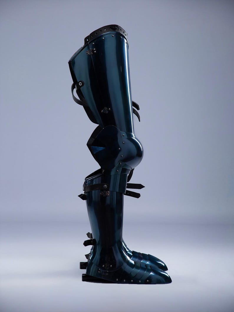Fantasy LARP blue steel leg greaves with handcrafted design