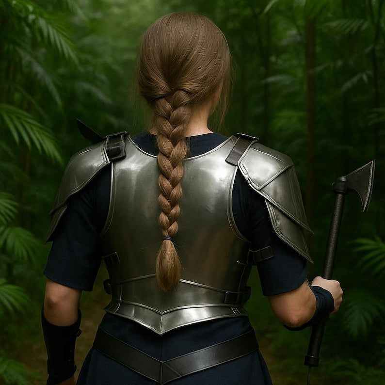 Female armor cosplay costume side view showing shoulder plate