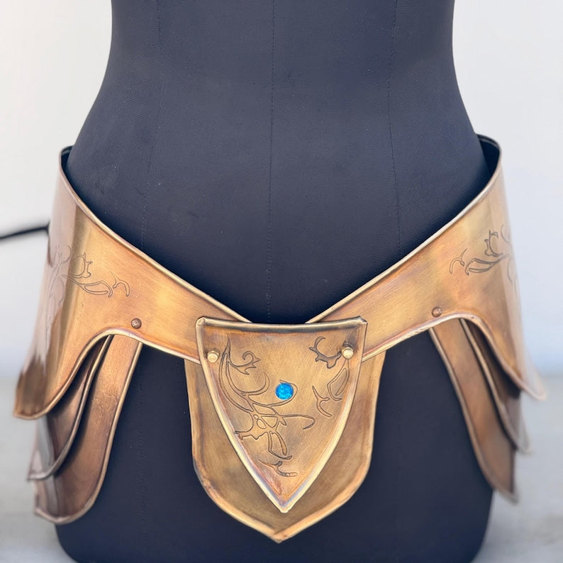 Female armor suit worn for cosplay, LARP, and medieval fantasy events inspired by Queen of the Elven