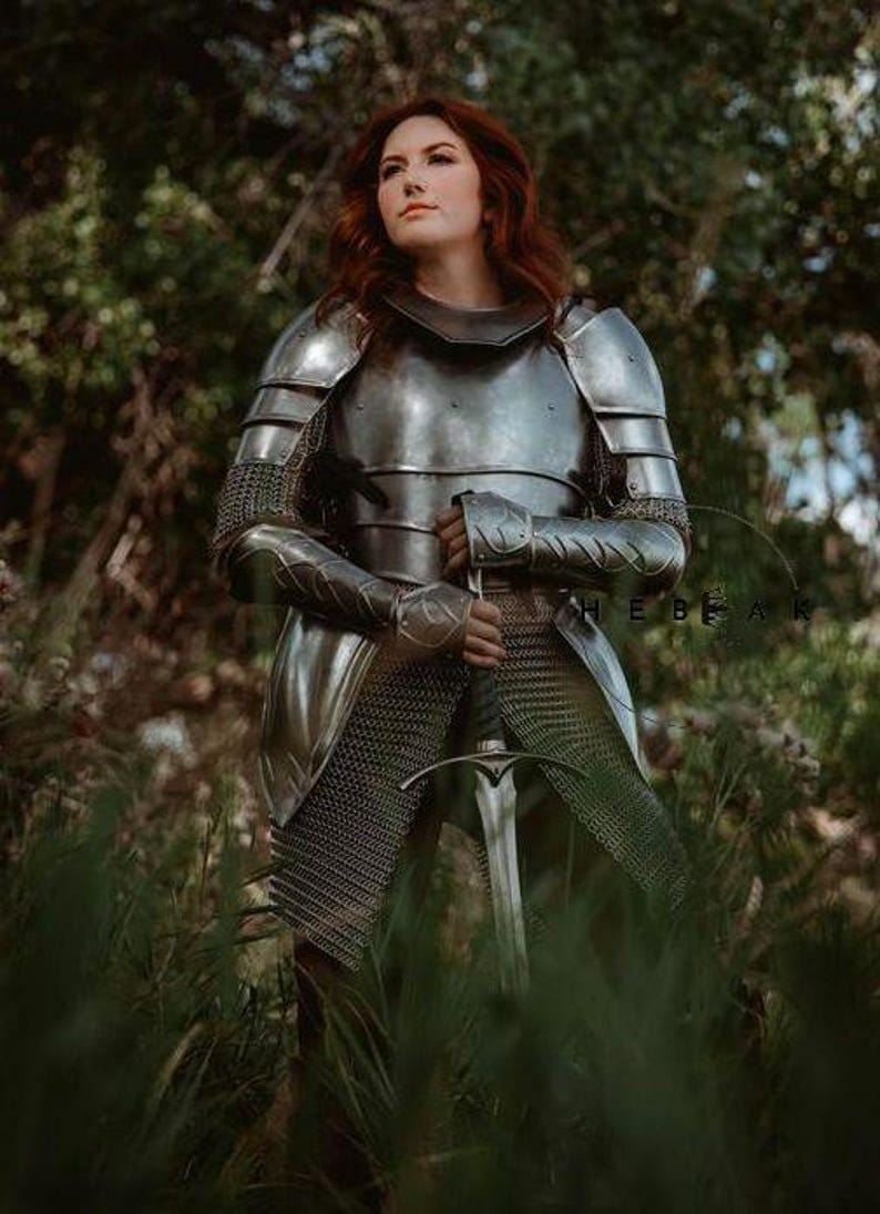 The complete Brave Lady Knight armor suit displayed in a fantasy setting, ideal for cosplay, LARP events, and Renaissance fairs.