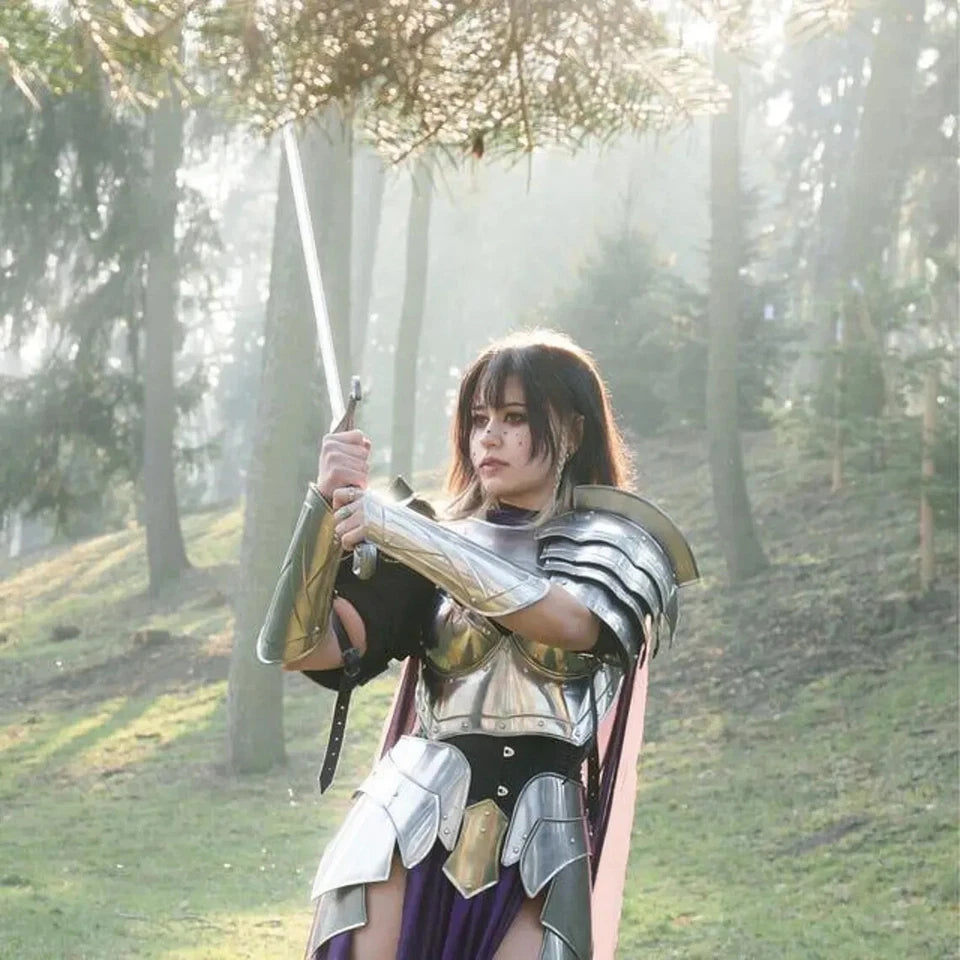 Full lady armor suit displayed on a stand, ideal for cosplay, reenactments, or fantasy costume collections.