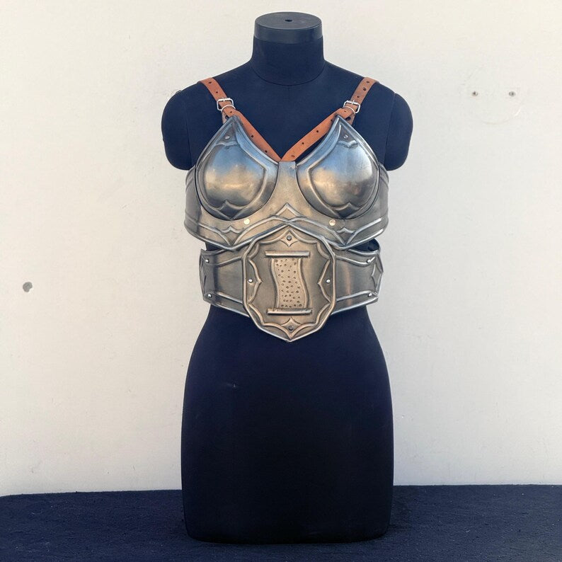 Close-up of female knight cuirass featuring steel belt for cosplay and LARP