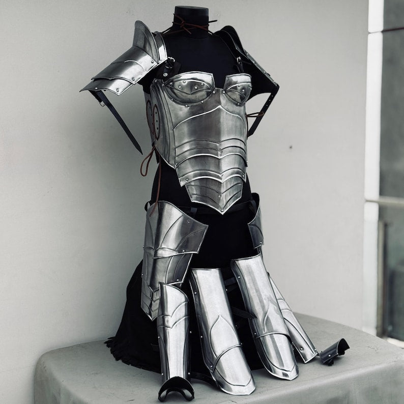 Side profile of full body female armor suit made from 18 gauge steel for LARP and cosplay