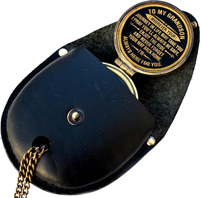 First communion gift for grandson - engraved brass compass with leather case