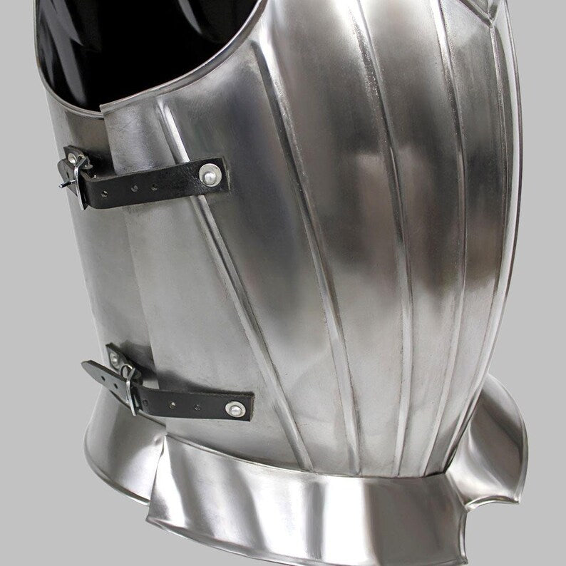 Back view of fluted medieval knight armor showing full steel construction and buckle fittings